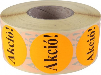 Etikett, 38 mm kör, "AKCIÓ" felirattal, 1000 etikett/tekercs, narancs